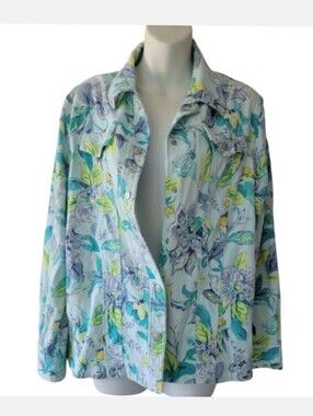 Easter Turquoise Jean Jacket Stretch cotton Floral Clear Sequins Alfred‎ Dunner